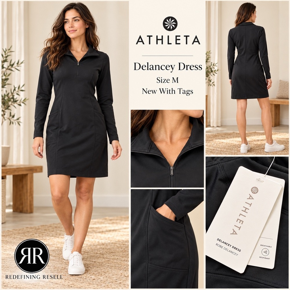 Athleta Delancey Dress Black Long Sleeve Quarter Zip Mini Size M NWT 882062